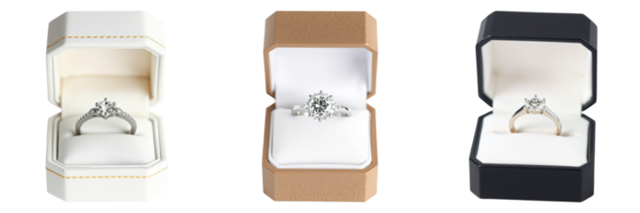 Luxurious diamond rings showcased in elegant boxes, offering a promise of love on transparent background