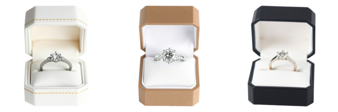 Luxurious diamond rings showcased in elegant boxes, offering a promise of love on transparent background