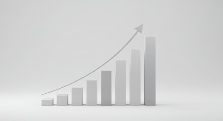 Minimalist 3D bar chart rising upward, clean white background, soft shadows