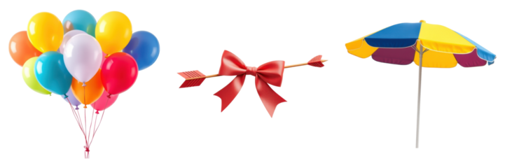 Vivid Balloons, Red Bow with Arrow and Colorful Umbrella Isolated on transparent background