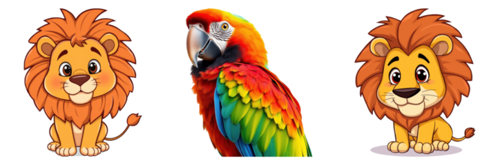 Two cute lion cubs and colorful parrot cartoon animals illustration on transparent background