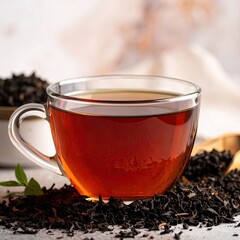 A clear glass teacup filled with dark, steaming black tea, surrounded by loose tea leaves