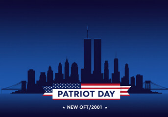 Remembering Patriot Day with NYC Skyline and American Flag Banner for Commemoration and Remembrance