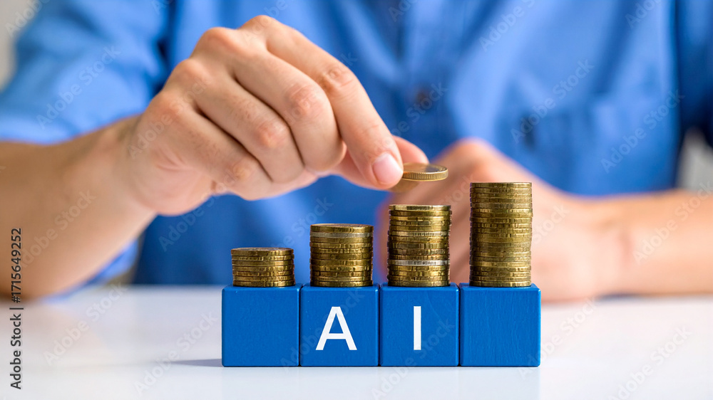 Poster man's hand arranging gold coins on blue blocks spelling ai. conceptual image of investment in artifi
