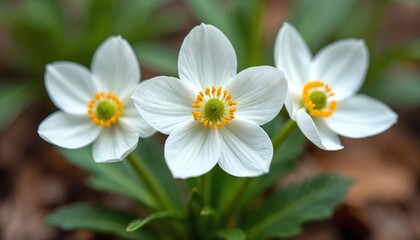 Fototapeta premium Three delicate white spring flowers bloom in nature with green foliage. Macro view intricate white petals surrounding bright yellow stamens, green pistils. Soft, natural background with brown leaf