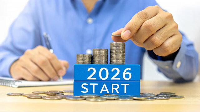Businessman invests, saves money for future, year 2026. Coins are piled high on stacked blue blocks with 2026 START written on it