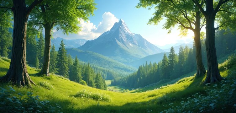 Lush green forest with tall trees in Ural mountains during summer. Verdant slopes lead to a majestic peak under a bright blue sky with sunlit clouds. Explore nature, wilderness, and mountain flora.