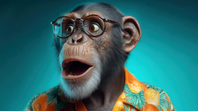 Expressive Monkey Portrait with Glasses and Open Mouth Wearing a Vibrant Tropical Shirt on Teal Background