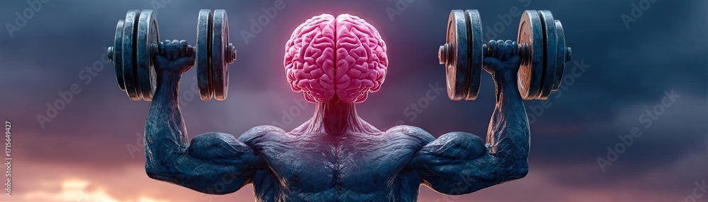 Poster exercising muscles brain lifting heavy weights concept. a conceptual image of strength and intellect