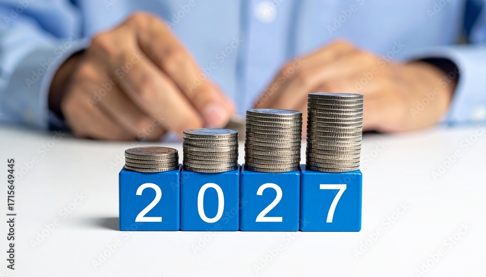 Poster a visual representation of financial growth, showing stacks of coins increasing in height over the y