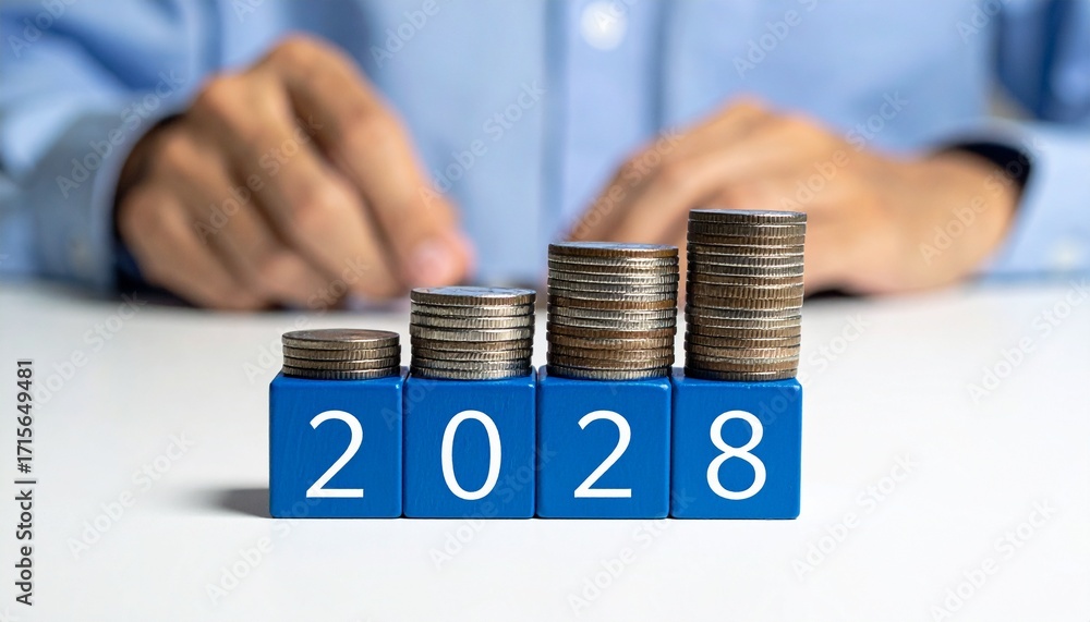 Poster a person arranging coins on a table with a blue number block that shows the year 2028, symbolizing f