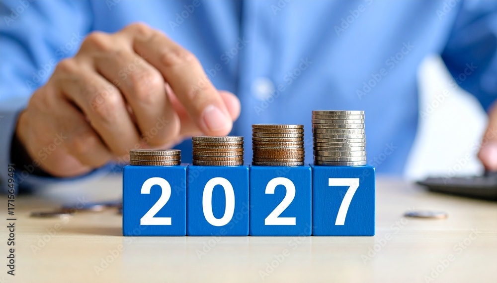 Poster a man is stacking coins in a row on blocks that marked the year 2027. the image represents the conce