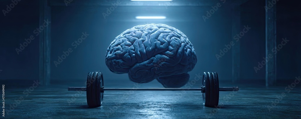 Poster exercising muscles brain lifting heavy weights concept. a conceptual image of a brain lifting weight