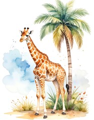Obraz premium Watercolor giraffe in a tropical scene