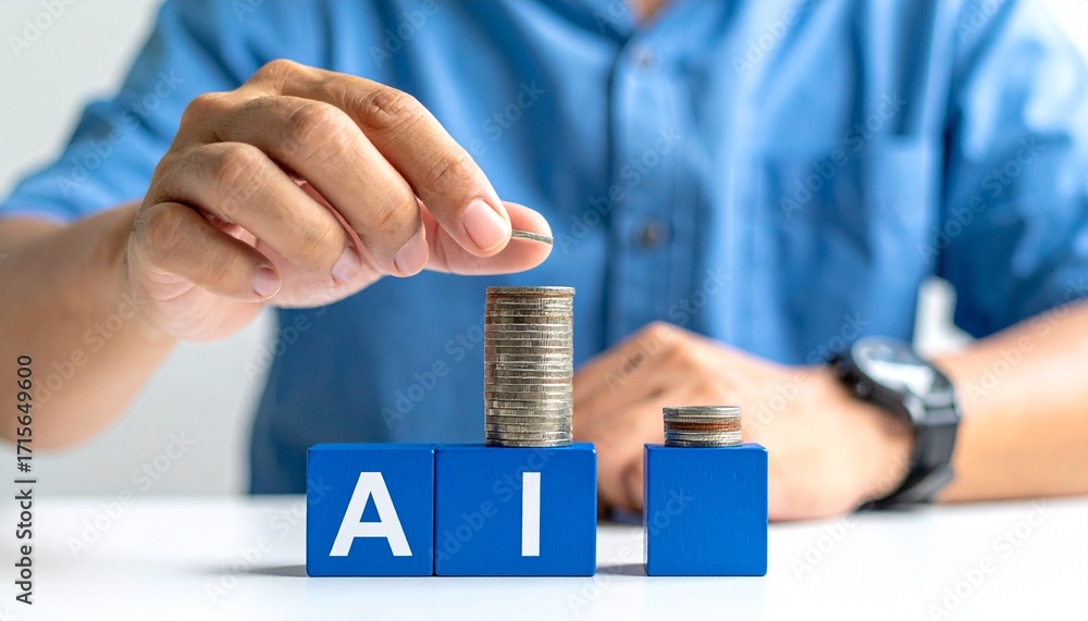 Poster man building ai and investment with coins. a person placing coins to build the artificial intelligen