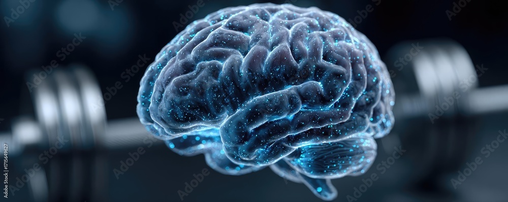Poster exercising muscles brain lifting heavy weights concept. conceptual image of a brain lifting weights 