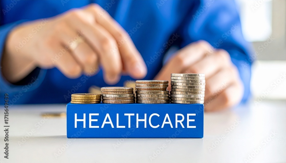 Poster close up of a person's hands adding coin stacks with healthcare text on them, representing the risin