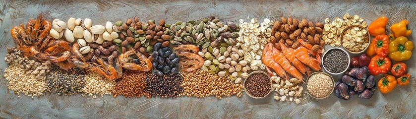 Assorted Whole Grains, Seeds, Nuts, and Vegetables Display