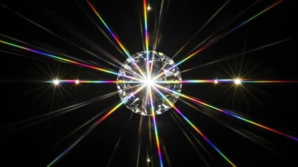 A flawless, brilliant-cut diamond radiates sparkling rainbow light rays and starburst flares against a stark black background. - Powered by Adobe