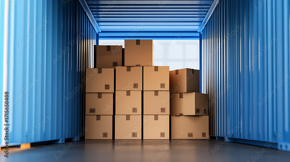 Poster boxes stacked in shipping container. cardboard boxes, inside storage unit. moving and delivery. carg