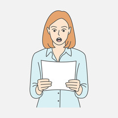 Illustration of woman holds a sheet of paper with a surprised reaction