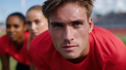 Team of athletes training on a soccer field with determination and teamwork