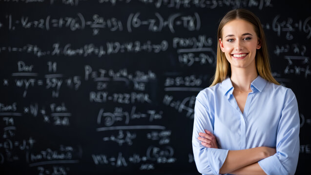Woman is standing in front of a blackboard with math equations on it