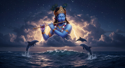 lord khrisna playing flute in sky on the sea, made by AI