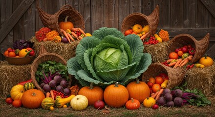 The cabbage as a symbol of prosperity and abundance in a harvest festival display, surrounded by cornucopias and other autumn vegetables.