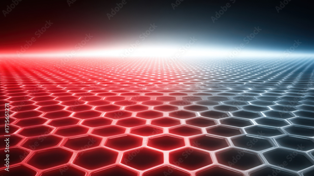 Poster futuristic hexagonal pattern creates stunning visual effect with quantum elements, blending red and 