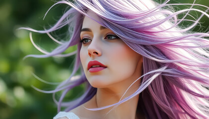 Woman with purple hair and red lipstick