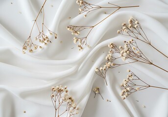 A simple and elegant flat lay of delicate dried flowers scattered on a rippling white satin fabric