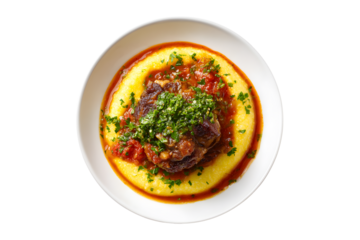 Ossobuco with polenta and fresh parsley garnish on a white plate, isolated on transparent background