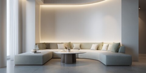 A modern, minimalist living area boasts a curved sectional sofa and a sleek coffee table, bathed in soft, ambient light.