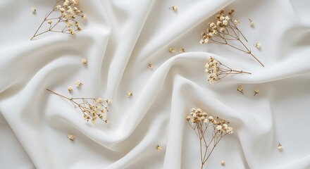 A simple and elegant flat lay of delicate dried flowers scattered on a rippling white satin fabric