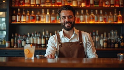 Obraz premium Smiling bartender with beard in apron stands behind bar counter. Shelves full of alcohol bottles. Cocktail with orange slice on ice. Pro barman ready to serve. Nightclub, pub, restaurant atmosphere.