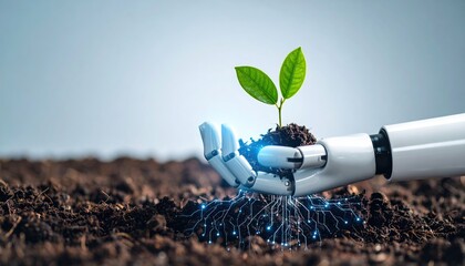 A robotic hand gently holds a young green plant sprout, with glowing digital roots connecting technology to the soil.