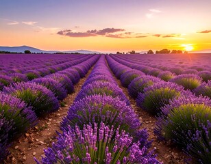 Obraz premium Lavender field at sunset. Vast rows of purple flowers