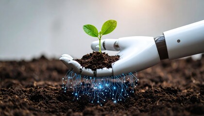A robot hand holds a green seedling in soil, symbolizing the fusion of technology, AI, and nature for sustainable agriculture.