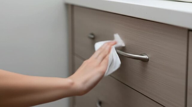 Cleaning kitchen cabinet drawer with disinfectant wipe
