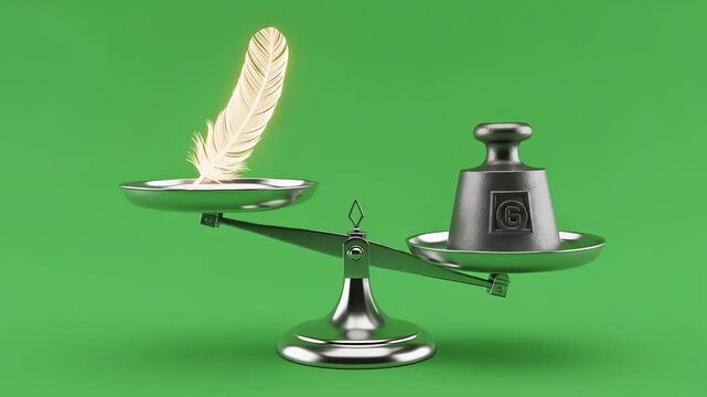 A scale balances a heavy weight against a light feather
