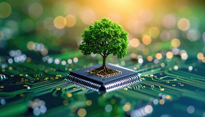 A lush green tree growing from a computer chip on a circuit board, symbolizing green technology and environmental sustainability.