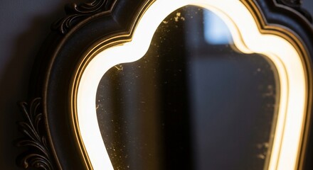 Close up of an ornate vintage mirror with a glowing light reflecting on its surface.