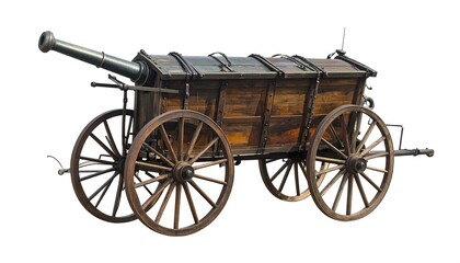 Fototapeta premium An antique wooden wagon with a cannon, showcasing historical transportation and weaponry.