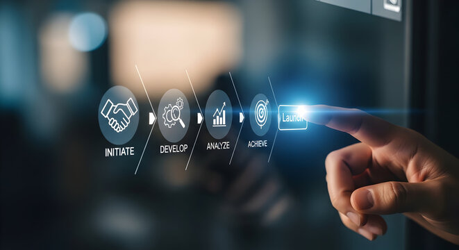 Business strategy success cycle, hand presses launch button on digital interface