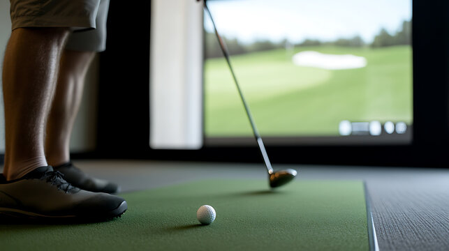 Indoor golf practice: golfer on a simulator with ball, club, mat, and screen. Focus on the golfer's stance and the simulated green.