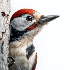 Focused Woodpecker Stunning Studio Closeup Captures Avian Precision and Detail in Natural Habitat Inspired Setting