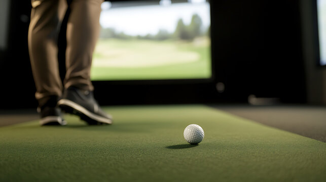 Golfing in simulated environment. Person preparing to hit golf ball on green turf. Focus on the ball with simulated golf course background. - Powered by Adobe