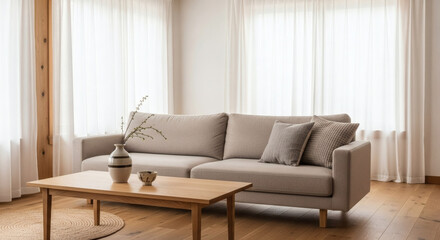 Bright and Serene Living Room with Modern Beige Sofa and Wooden Coffee Table, Bathed in Natural Light, Creating a Relaxing and Inviting Home Interior.