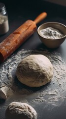Fototapeta premium Fresh dough ball on floured surface with rolling pin and ingredients